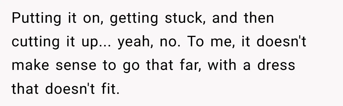 Putting it on, getting stuck, and then cutting it up... yeah, no. To me, it doesn't make sense to go that far, with a dress that doesn't fit.