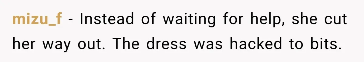 mizu_f − Instead of waiting for help, she cut her way out. The dress was hacked to bits.