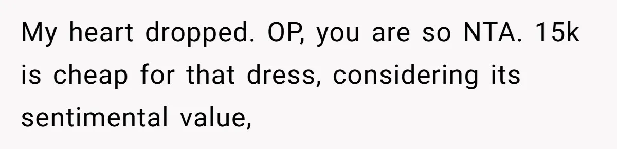 My heart dropped. OP, you are so NTA. 15k is cheap for that dress, considering its sentimental value,