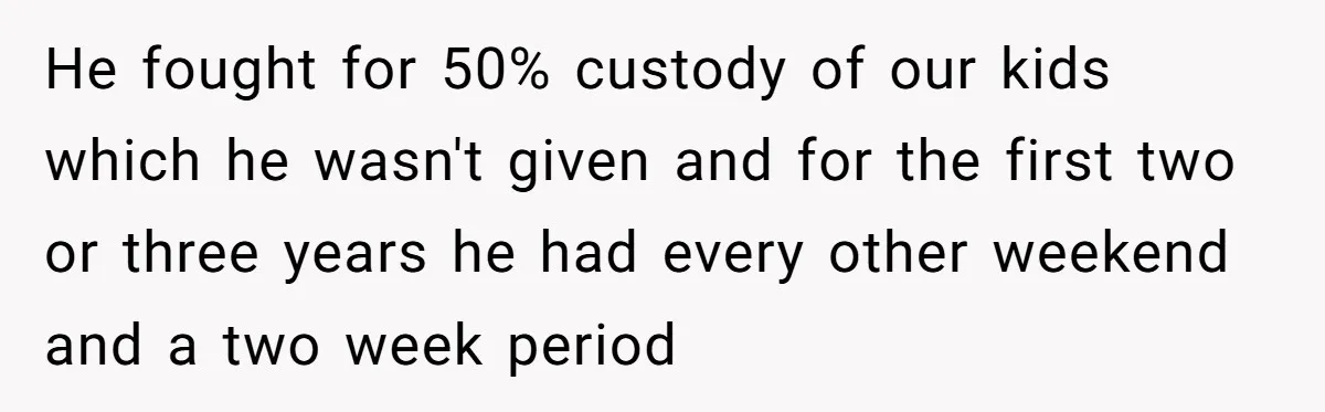 He fought for 50% custody of our kids which he wasn't given and for the first two or three years he had every other weekend and a two week period
