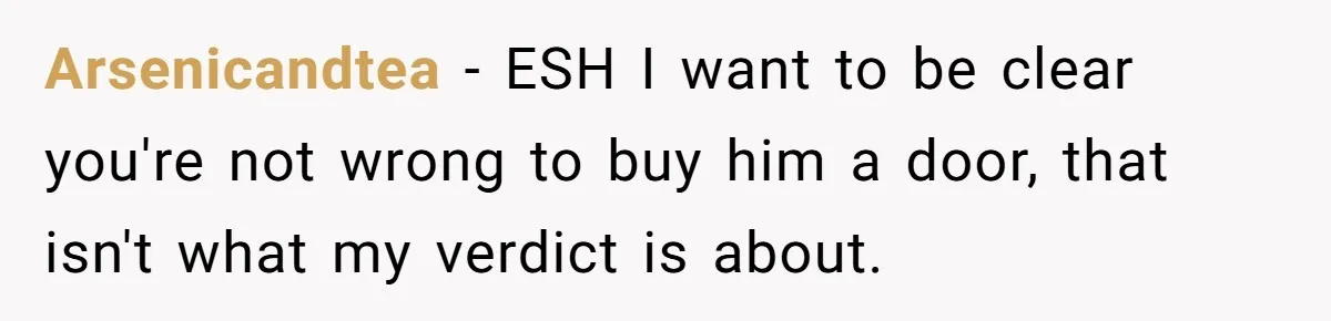 Arsenicandtea − ESH I want to be clear you're not wrong to buy him a door, that isn't what my verdict is about.