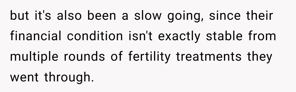 but it's also been a slow going, since their financial condition isn't exactly stable from multiple rounds of fertility treatments they went through.