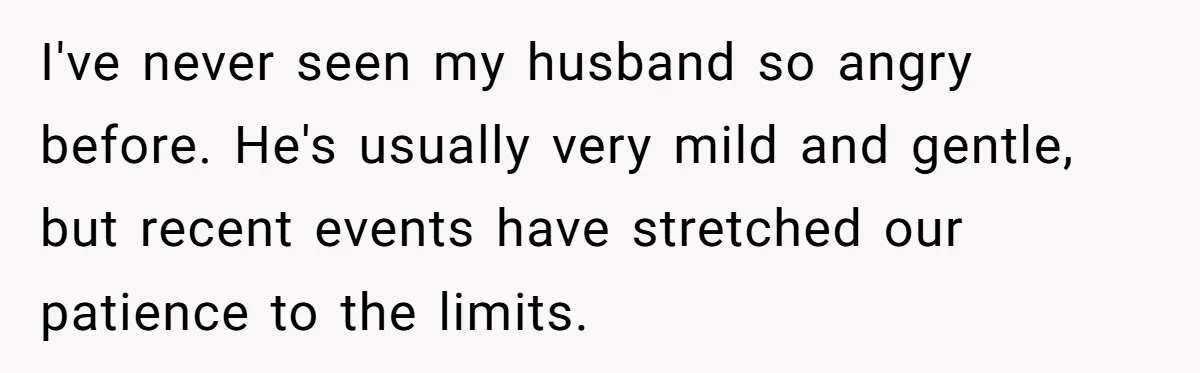 I've never seen my husband so angry before. He's usually very mild and gentle, but recent events have stretched our patience to the limits.
