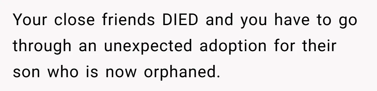 Your close friends DIED and you have to go through an unexpected adoption for their son who is now orphaned.