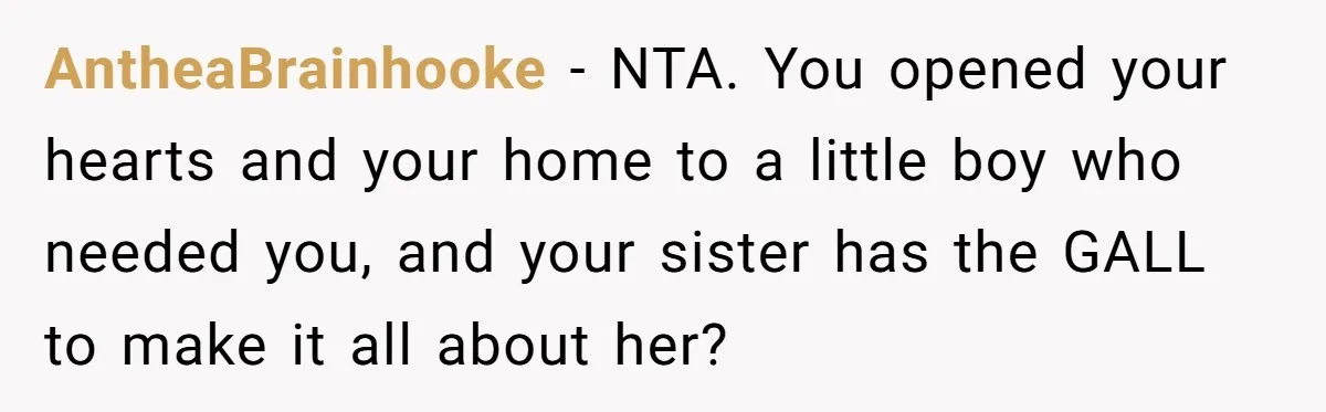 AntheaBrainhooke − NTA. You opened your hearts and your home to a little boy who needed you, and your sister has the GALL to make it all about her?