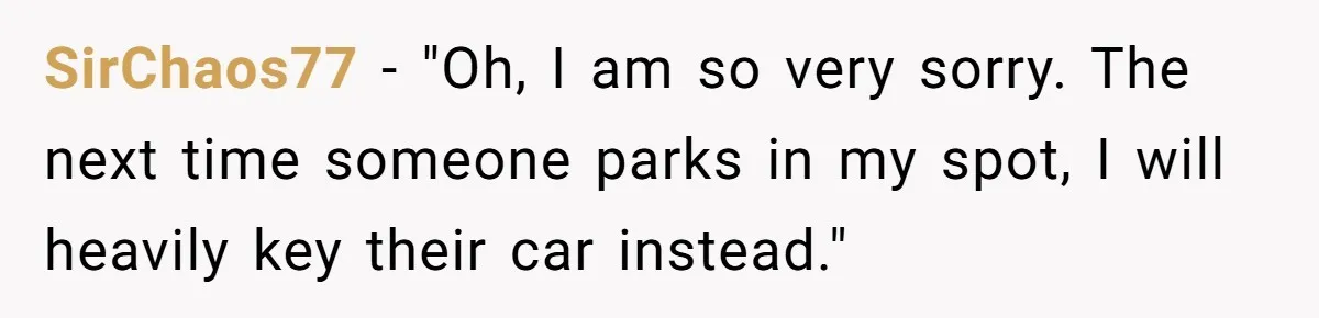 SirChaos77 − "Oh, I am so very sorry. The next time someone parks in my spot, I will heavily key their car instead."
