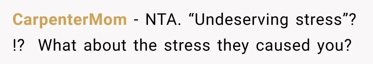 CarpenterMom − NTA. “Undeserving stress”? !?  What about the stress they caused you?