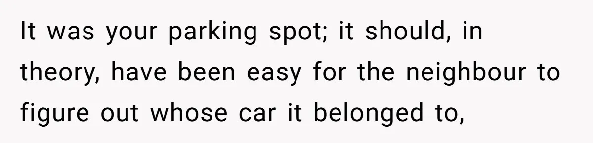 It was your parking spot; it should, in theory, have been easy for the neighbour to figure out whose car it belonged to,
