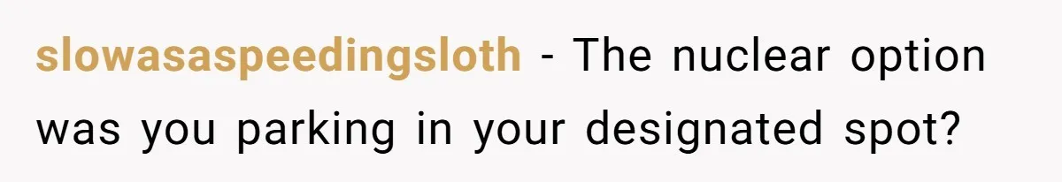 slowasaspeedingsloth − The nuclear option was you parking in your designated spot?