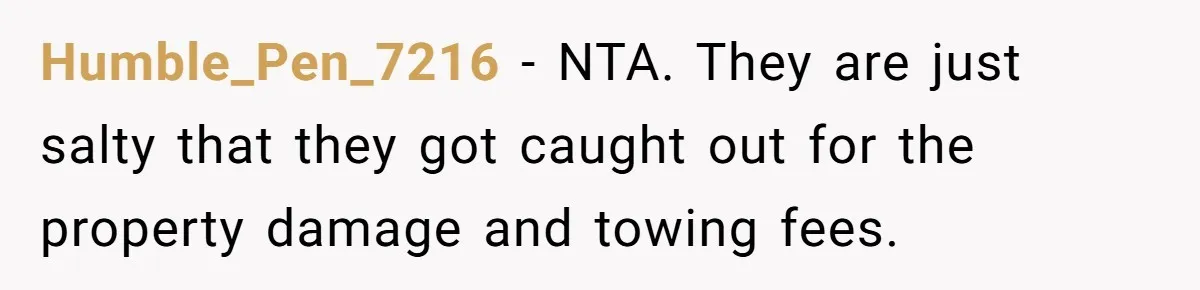 Humble_Pen_7216 − NTA. They are just salty that they got caught out for the property damage and towing fees.