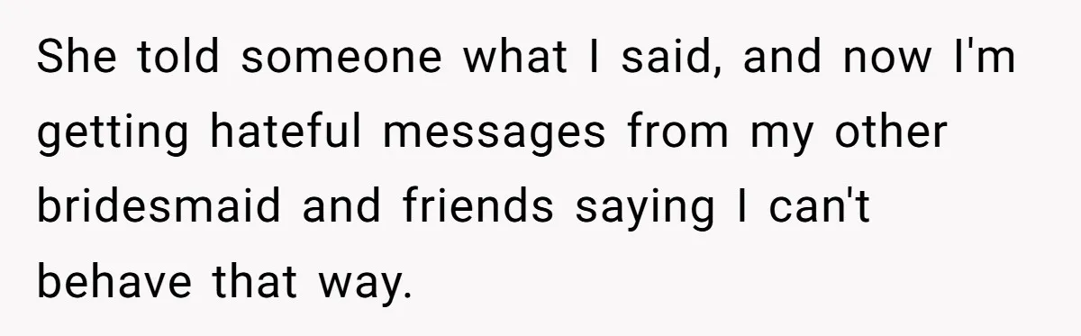 She told someone what I said, and now I'm getting hateful messages from my other bridesmaid and friends saying I can't behave that way.