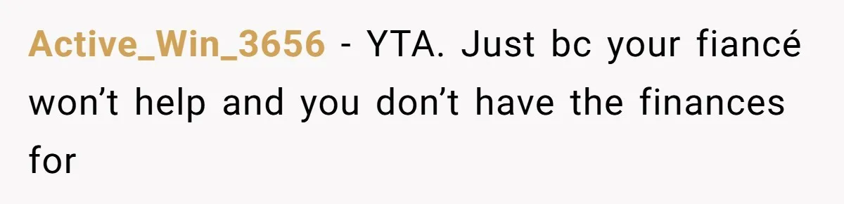 Active_Win_3656 − YTA. Just bc your fiancé won’t help and you don’t have the finances for