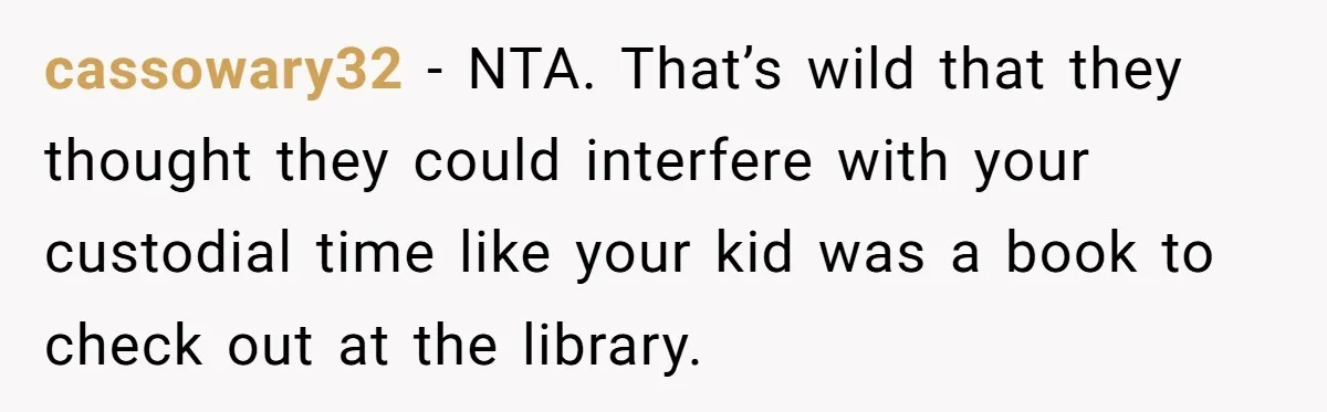 cassowary32 − NTA. That’s wild that they thought they could interfere with your custodial time like your kid was a book to check out at the library.