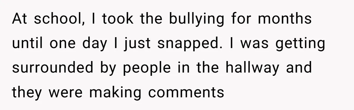 ​At school, I took the bullying for months until one day I just snapped. I was getting surrounded by people in the hallway and they were making comments