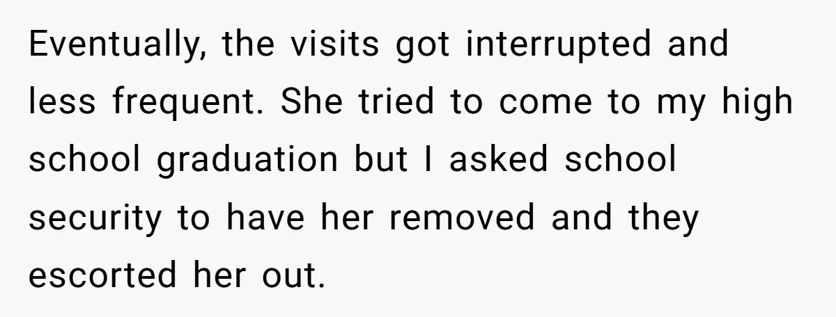 Eventually, the visits got interrupted and less frequent. She tried to come to my high school graduation but I asked school security to have her removed and they escorted her...