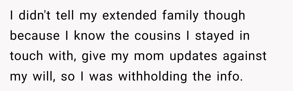 I didn't tell my extended family though because I know the cousins I stayed in touch with, give my mom updates against my will, so I was withholding the info.