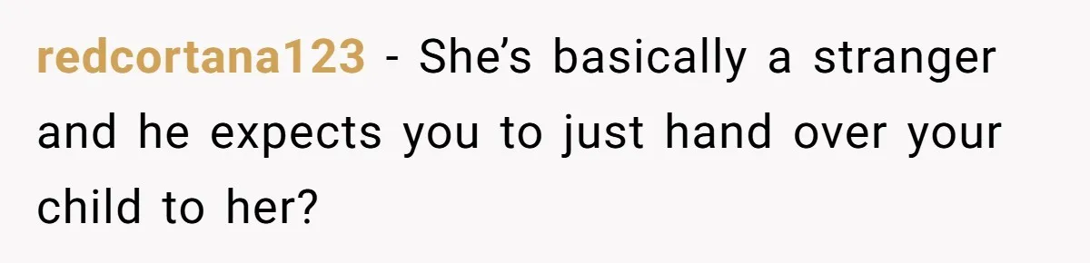 redcortana123 − She’s basically a stranger and he expects you to just hand over your child to her?