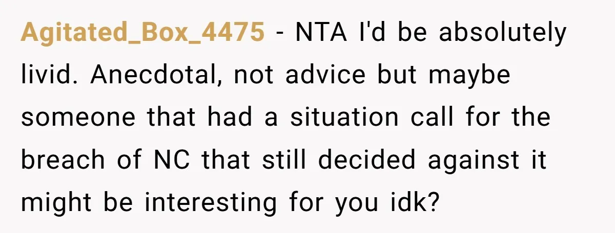 Agitated_Box_4475 − NTA I'd be absolutely livid. Anecdotal, not advice but maybe someone that had a situation call for the breach of NC that still decided against it might be...