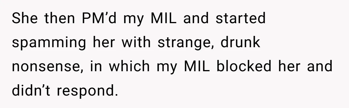 She then PM’d my MIL and started spamming her with strange, drunk nonsense, in which my MIL blocked her and didn’t respond.