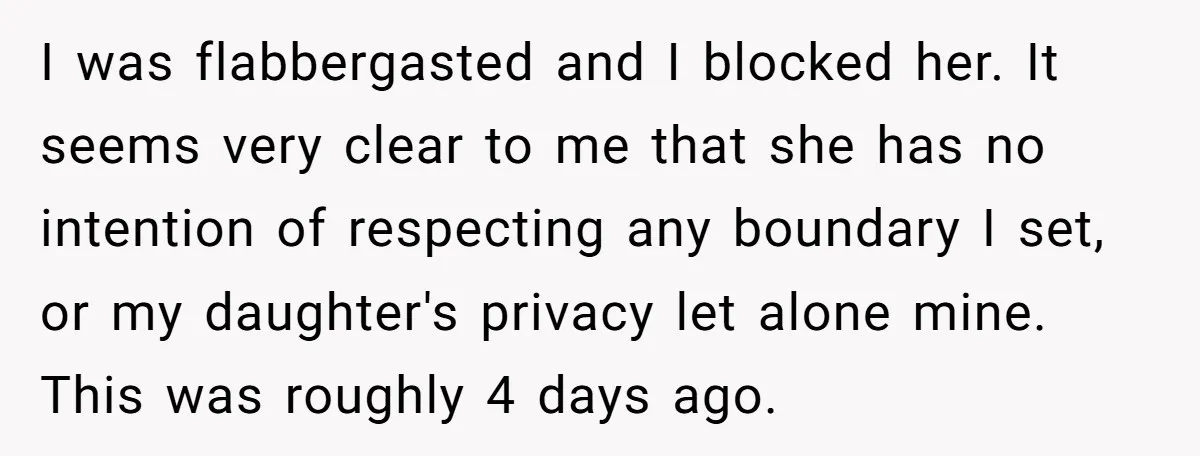 I was flabbergasted and I blocked her. It seems very clear to me that she has no intention of respecting any boundary I set, or my daughter's privacy let alone...