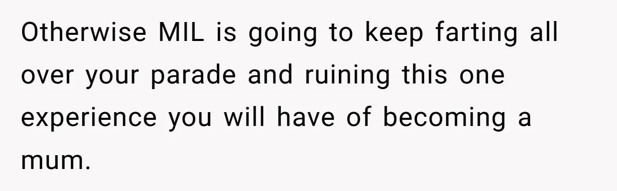 Otherwise MIL is going to keep farting all over your parade and ruining this one experience you will have of becoming a mum.