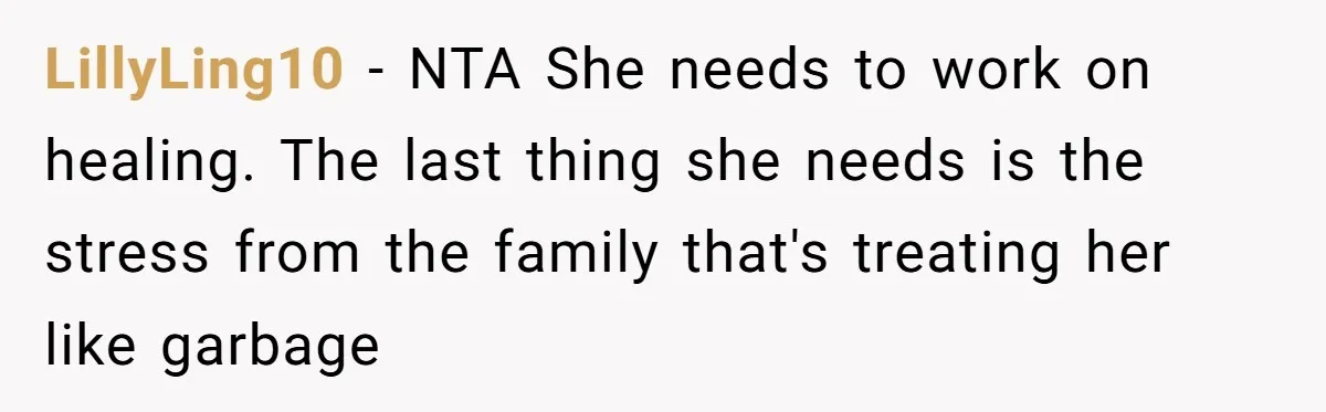 LillyLing10 − NTA She needs to work on healing. The last thing she needs is the stress from the family that's treating her like garbage
