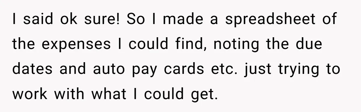 I said ok sure! So I made a spreadsheet of the expenses I could find, noting the due dates and auto pay cards etc. just trying to work with what...