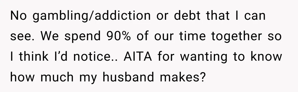 No gambling/addiction or debt that I can see. We spend 90% of our time together so I think I’d notice.. AITA for wanting to know how much my husband makes?