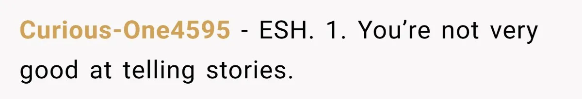 Curious-One4595 − ESH. 1. You’re not very good at telling stories.