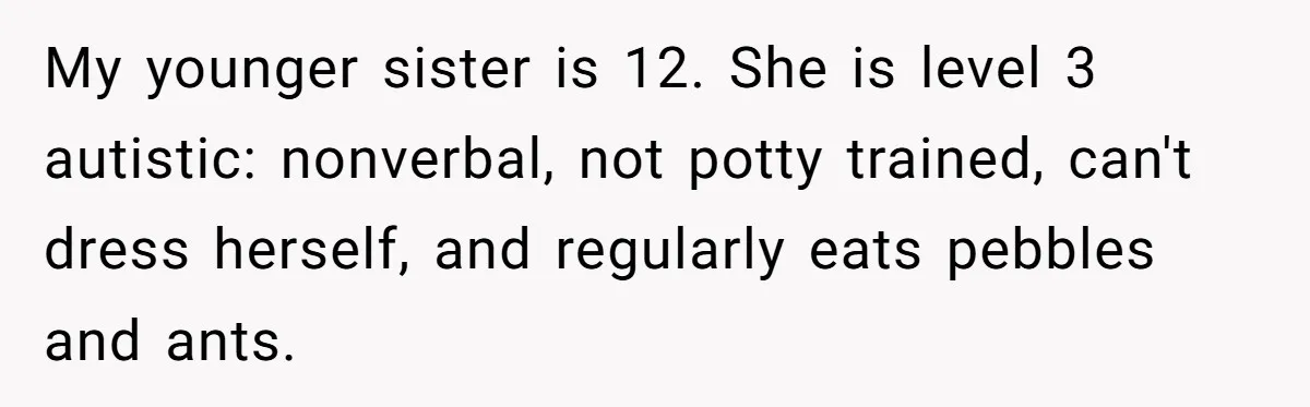 My younger sister is 12. She is level 3 autistic: nonverbal, not potty trained, can't dress herself, and regularly eats pebbles and ants.