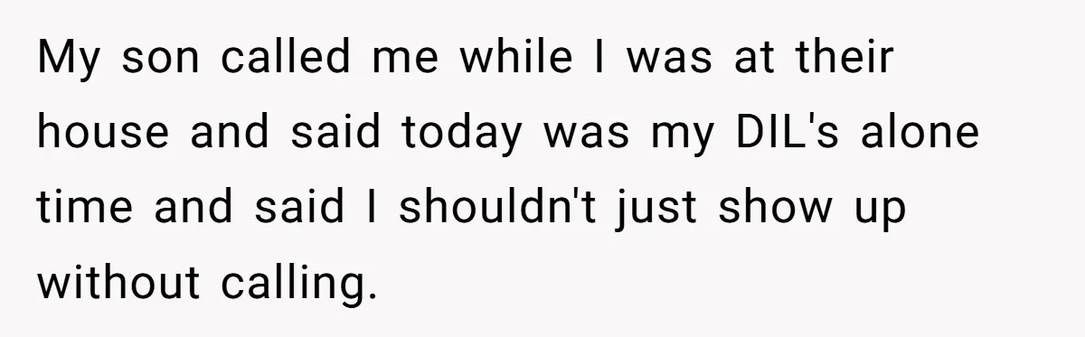 My son called me while I was at their house and said today was my DIL's alone time and said I shouldn't just show up without calling.