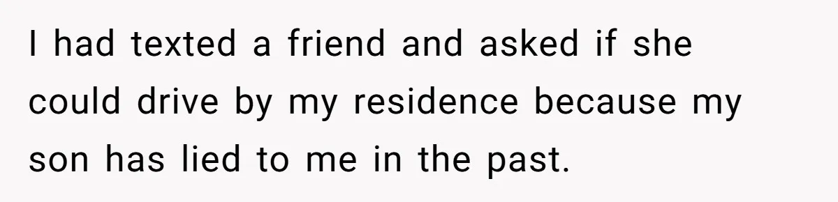 I had texted a friend and asked if she could drive by my residence because my son has lied to me in the past.