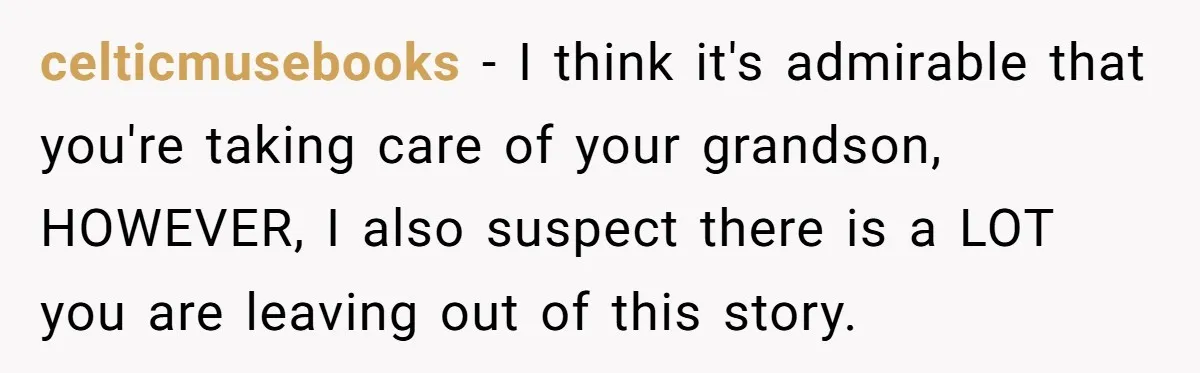 celticmusebooks − I think it's admirable that you're taking care of your grandson, HOWEVER, I also suspect there is a LOT you are leaving out of this story.