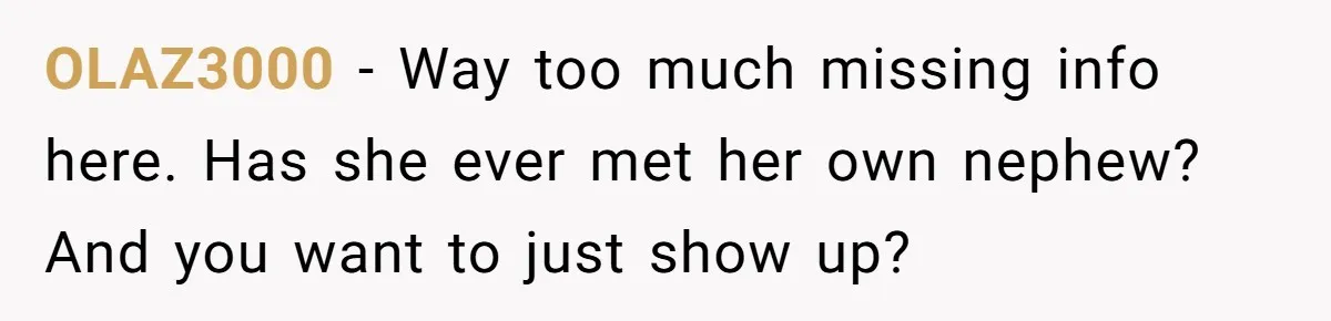 OLAZ3000 − Way too much missing info here. Has she ever met her own nephew? And you want to just show up?