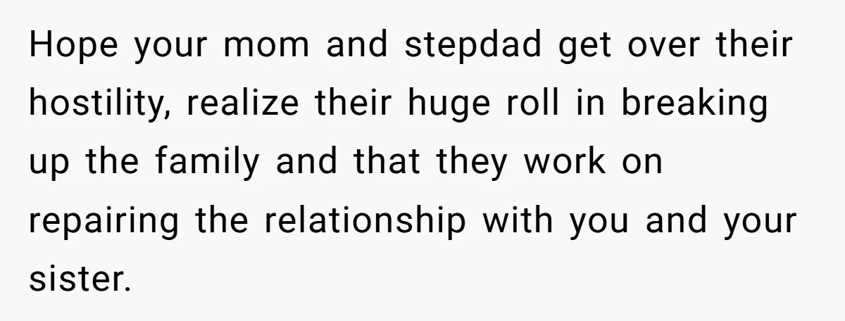 Hope your mom and stepdad get over their hostility, realize their huge roll in breaking up the family and that they work on repairing the relationship with you and your...