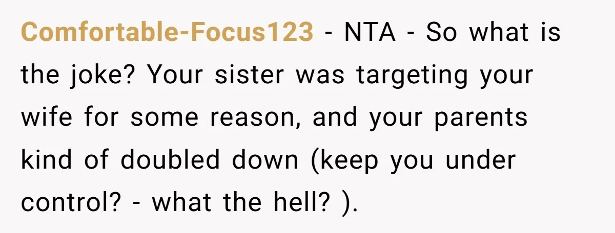 Comfortable-Focus123 − NTA - So what is the joke? Your sister was targeting your wife for some reason, and your parents kind of doubled down (keep you under control? -...
