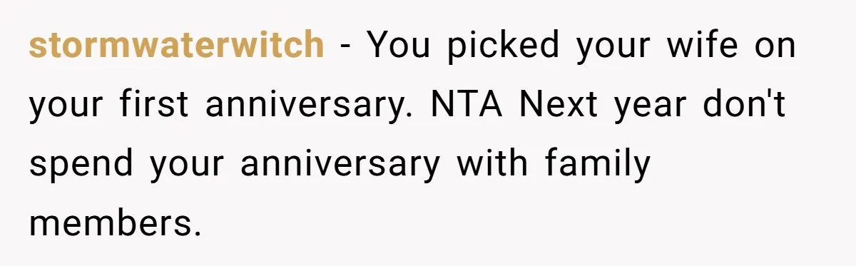 stormwaterwitch − You picked your wife on your first anniversary. NTA Next year don't spend your anniversary with family members.