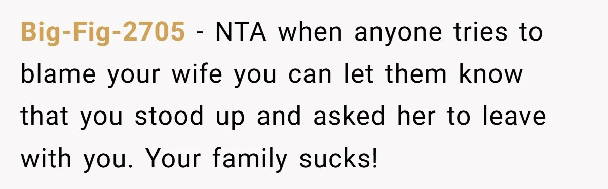 Big-Fig-2705 − NTA when anyone tries to blame your wife you can let them know that you stood up and asked her to leave with you. Your family sucks!