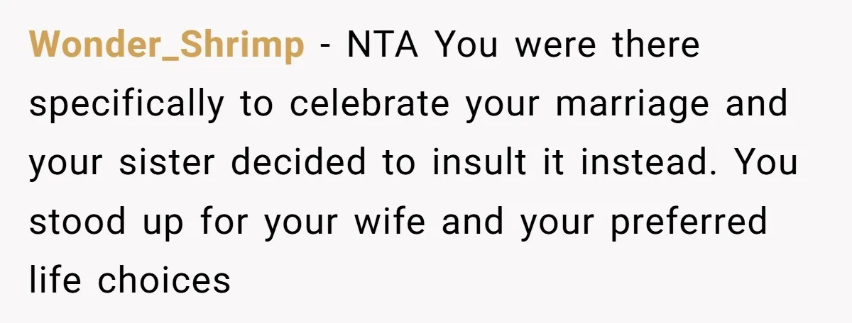 Wonder_Shrimp − NTA You were there specifically to celebrate your marriage and your sister decided to insult it instead. You stood up for your wife and your preferred life choices
