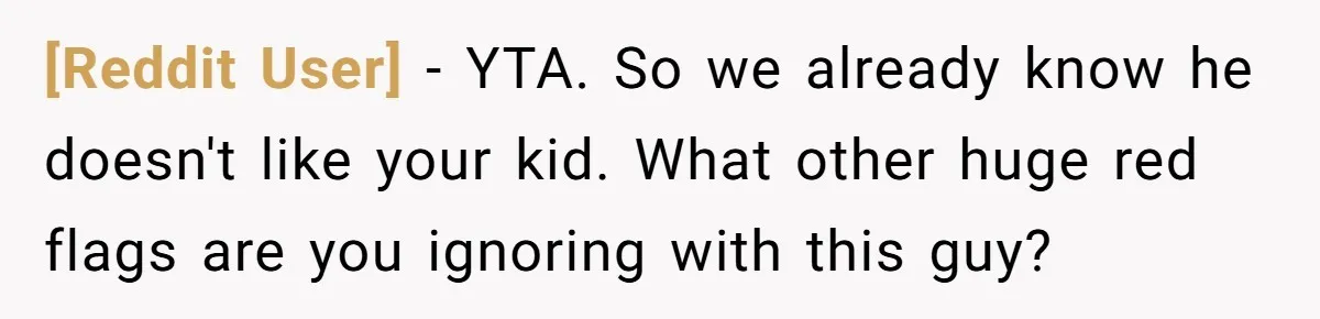 [Reddit User] − YTA. So we already know he doesn't like your kid. What other huge red flags are you ignoring with this guy?