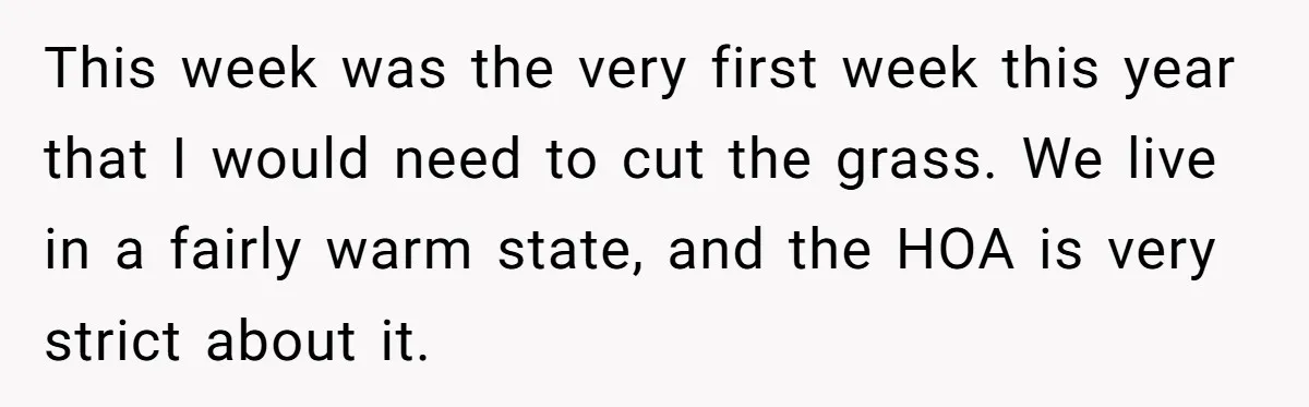 This week was the very first week this year that I would need to cut the grass. We live in a fairly warm state, and the HOA is very strict...