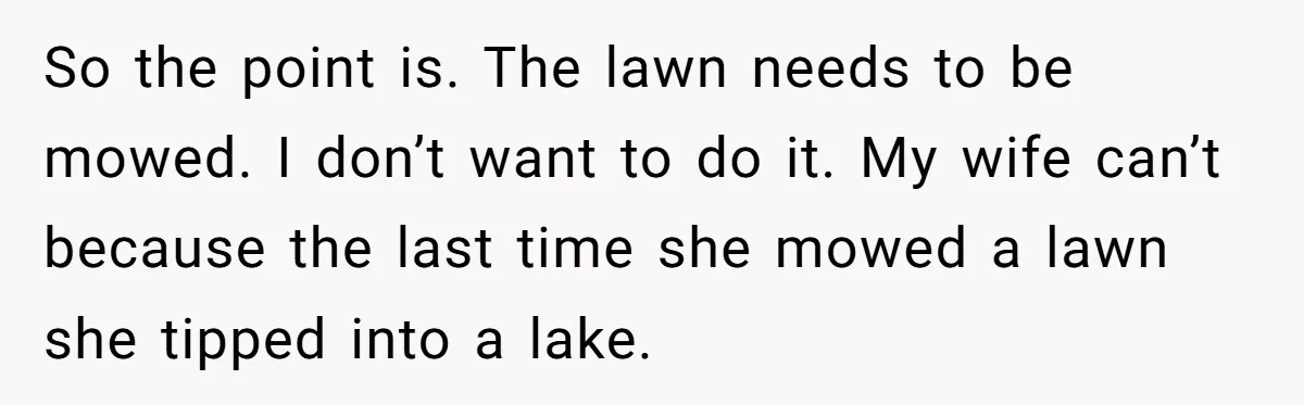 So the point is. The lawn needs to be mowed. I don’t want to do it. My wife can’t because the last time she mowed a lawn she tipped into...