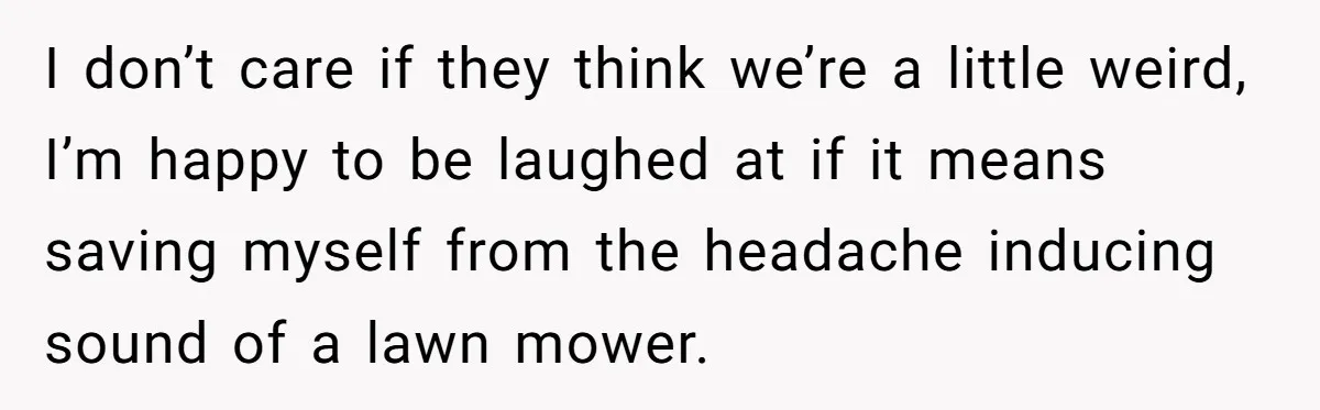 I don’t care if they think we’re a little weird, I’m happy to be laughed at if it means saving myself from the headache inducing sound of a lawn mower.