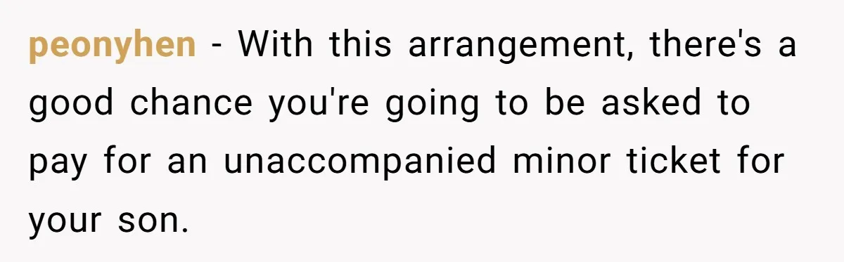 peonyhen − With this arrangement, there's a good chance you're going to be asked to pay for an unaccompanied minor ticket for your son.