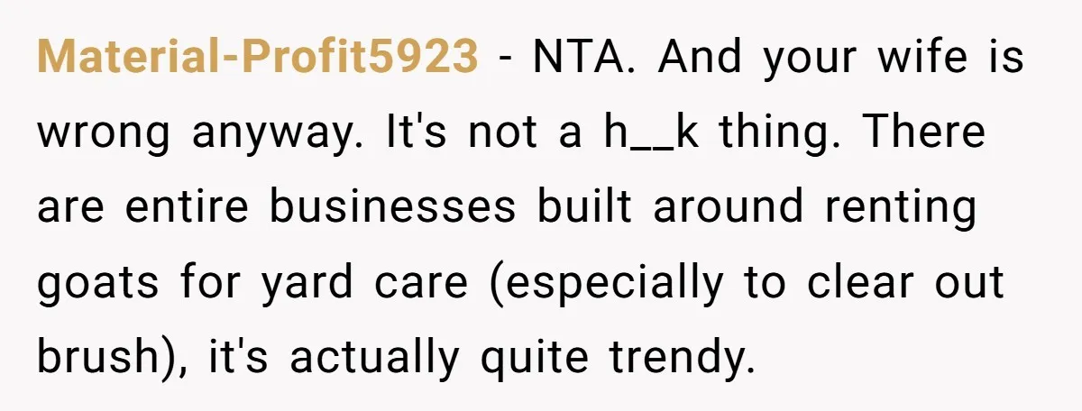 Material-Profit5923 − NTA. And your wife is wrong anyway. It's not a h__k thing. There are entire businesses built around renting goats for yard care (especially to clear out brush),...