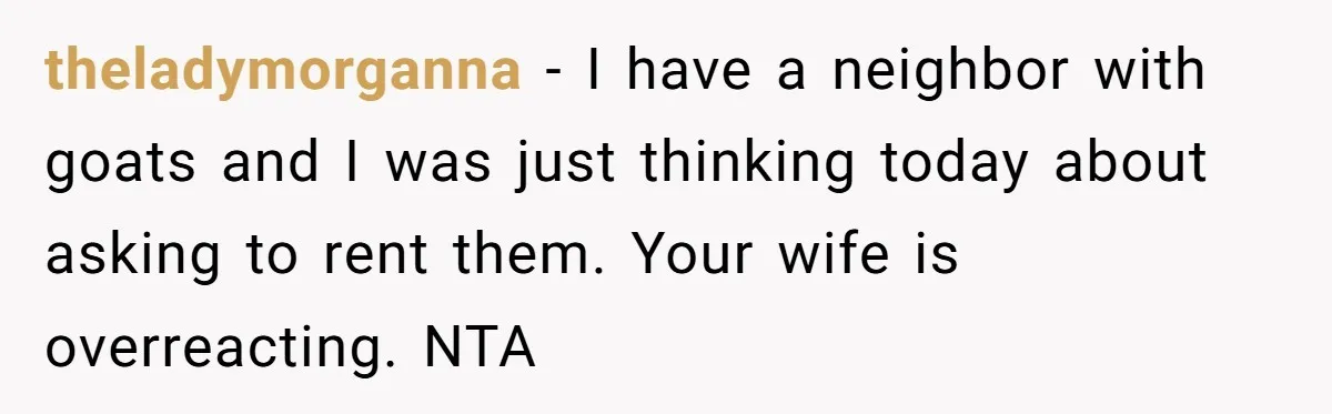 theladymorganna − I have a neighbor with goats and I was just thinking today about asking to rent them. Your wife is overreacting. NTA