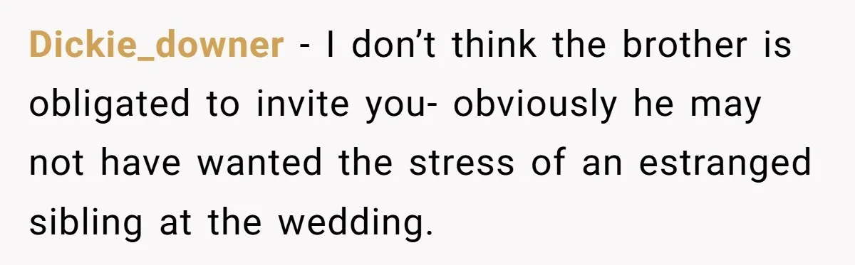 Dickie_downer − I don’t think the brother is obligated to invite you- obviously he may not have wanted the stress of an estranged sibling at the wedding.