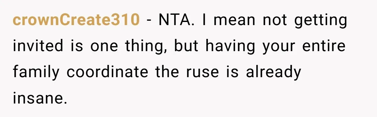 crownCreate310 − NTA. I mean not getting invited is one thing, but having your entire family coordinate the ruse is already insane.