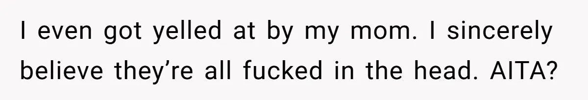 I even got yelled at by my mom. I sincerely believe they’re all fucked in the head. AITA?