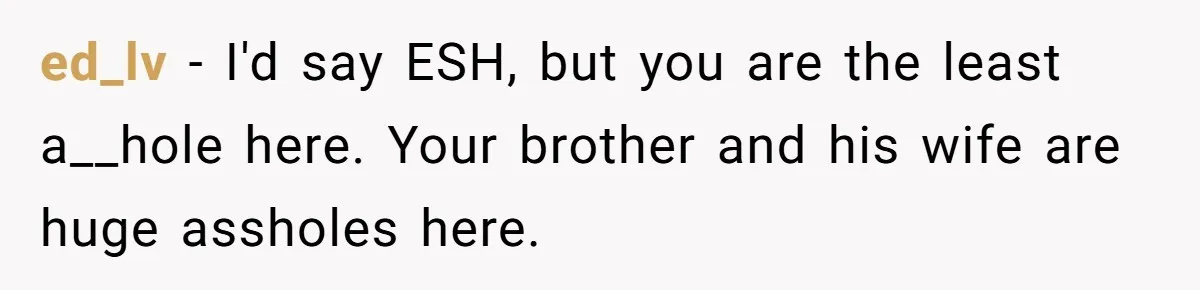 ed_lv − I'd say ESH, but you are the least a__hole here. Your brother and his wife are huge assholes here.